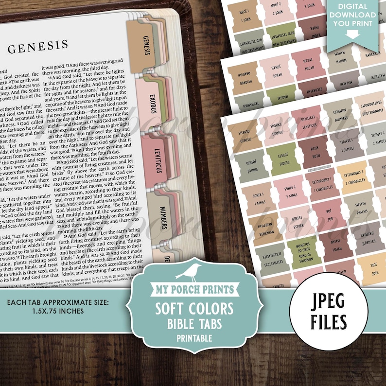 Soft Colors Bible Tabs, Earth Tone Printable Fussy Cuts Scripture Faith Stickers My Porch Prints Printable Digital Download, Zip JPEG Files image 1