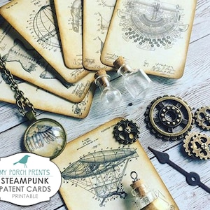 Cartões Steampunk, Carta de bolso, Patente, Kit, Cartão, Diário de lixo, Efêmera, Álbum de recortes, Colagem, Enfeite, Imprimível, Papel, Vintage