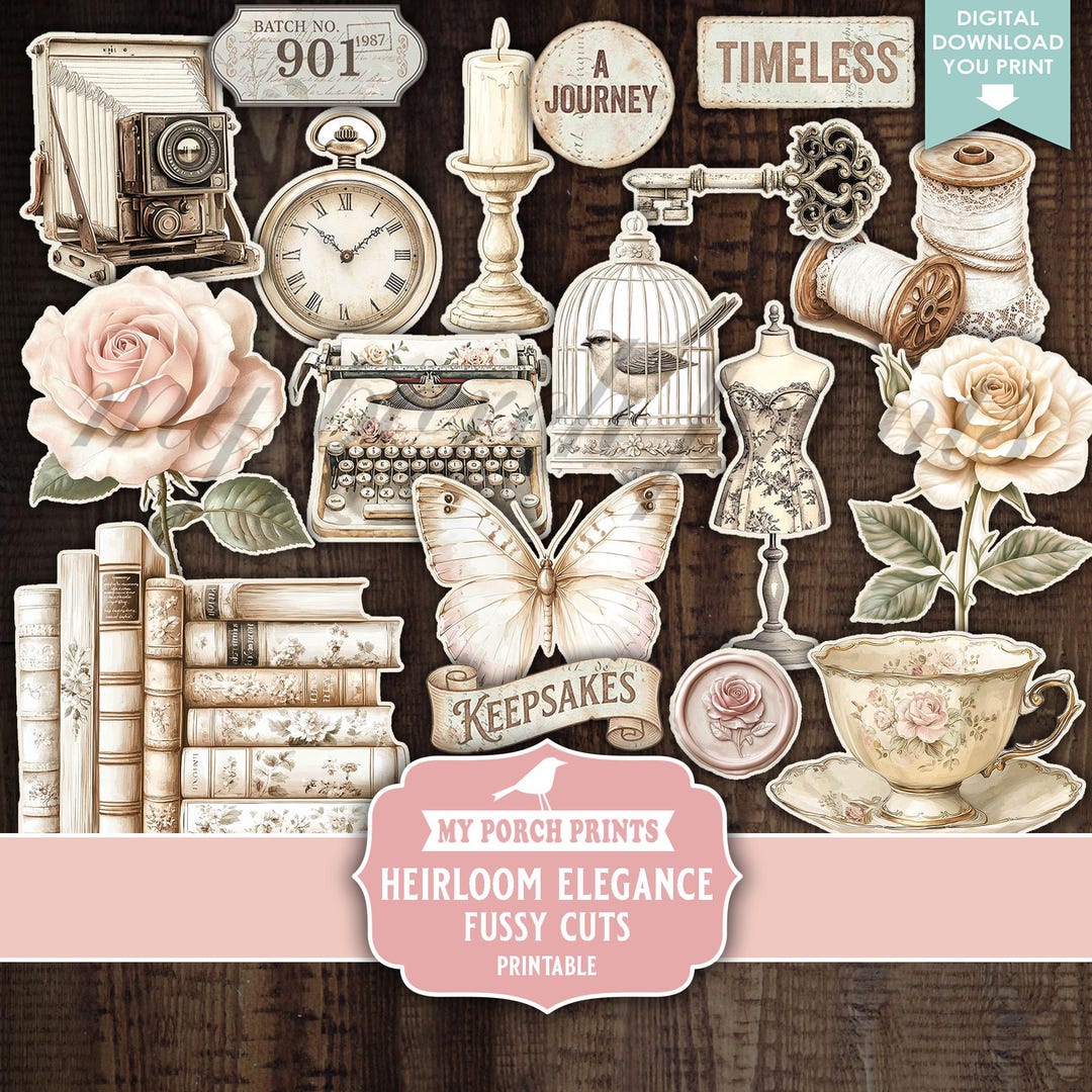 Heirloom Elegance Junk Journal FUSSY CUTS, Kit, Vintage Planner Stickers, Floral, Pink, Cr