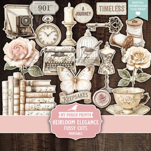 Peut inclure: Ensemble de découpes de papier de style vintage, comprenant un appareil photo, une montre de poche, une machine à écrire, des roses, des livres, un papillon et une tasse à thé. La palette de couleurs est douce, avec des roses, des crèmes et des bruns. Texte : "Timeless" et "Keepsakes".