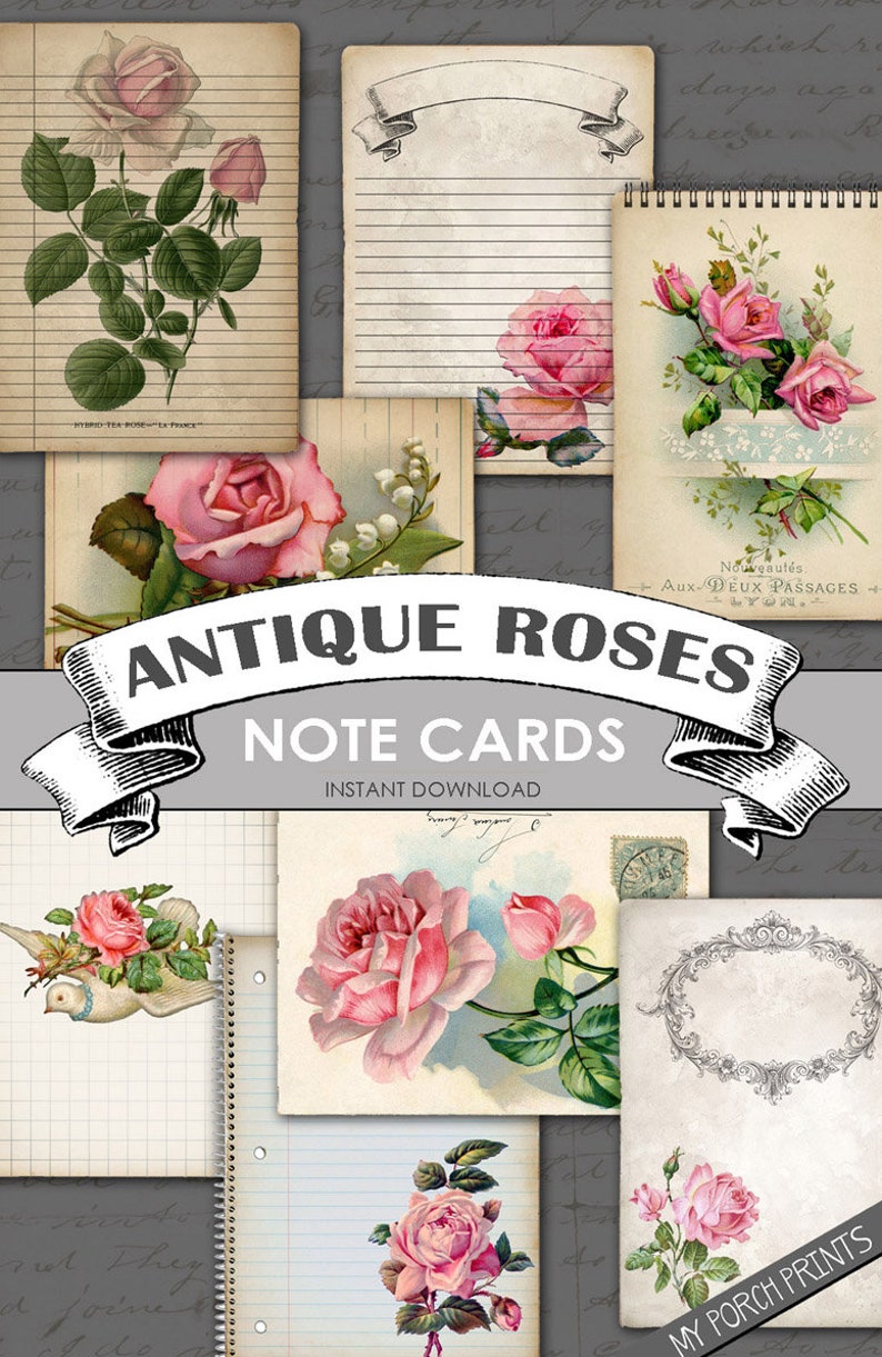 K&ouml;nnte beinhalten: Eine digitale Collage aus druckbaren Notizkarten mit antiken Illustrationen von rosa Rosen. Die Karten sind f&uuml;r den sofortigen Download konzipiert und perfekt, um Ihrer Korrespondenz einen Vintage-Touch zu verleihen.