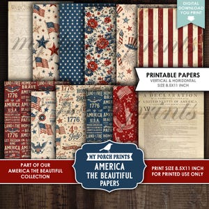 K&ouml;nnte beinhalten: Eine Sammlung bedruckbarer Papiere mit patriotischen Themen. Designs umfassen amerikanische Flaggen, Sterne, Blumenmuster und Texte, die sich auf die Vereinigten Staaten beziehen. Die Papiere sind vertikal und horizontal, Gr&ouml;&szlig;e 21,59 cm x 27,94 cm.