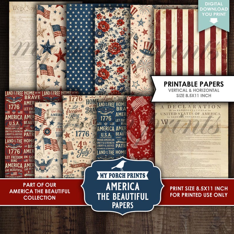 K&ouml;nnte beinhalten: Eine Sammlung bedruckbarer Papiere mit patriotischen Themen. Designs umfassen amerikanische Flaggen, Sterne, Blumenmuster und Texte, die sich auf die Vereinigten Staaten beziehen. Die Papiere sind vertikal und horizontal, Gr&ouml;&szlig;e 21,59 cm x 27,94 cm.