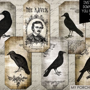 Halloween decorations, Raven, Edgar Allan, Poe, tag, label, scrapbook paper, scrapbook embellishment, digital paper, ephemera, junk journal image 5