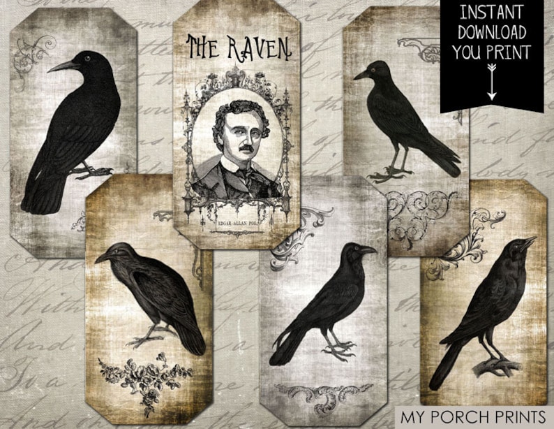 Halloween decorations, Raven, Edgar Allan, Poe, tag, label, scrapbook paper, scrapbook embellishment, digital paper, ephemera, junk journal image 5