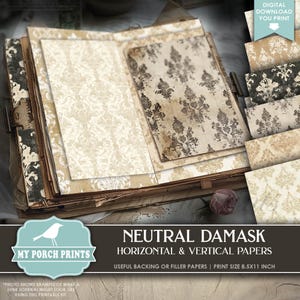 Neutral Damask Papers Junk Journal, Neutral, Backing, Extra, Pages, Brown, White, Victorian, My Porch Prints, Printable, Digital Download