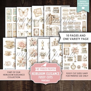 May include: A collection of printable fussy cuts featuring vintage-style illustrations. The designs include butterflies, books, teacups, roses, keys, clocks, and labels. The text on the image reads "Heirloom Elegance Fussy Cuts" and "Digital Download You Print."