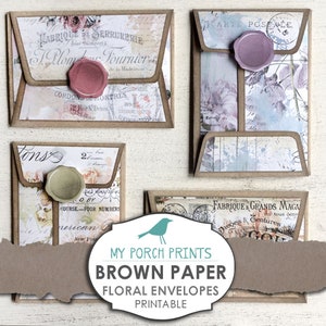 Brown Paper, Mini Envelopes, File, Folder, Pocket Letter, Card, Tags, Junk Journal, Ephemera, Scrapbook, Collage, Floral, Printable, Vintage image 6