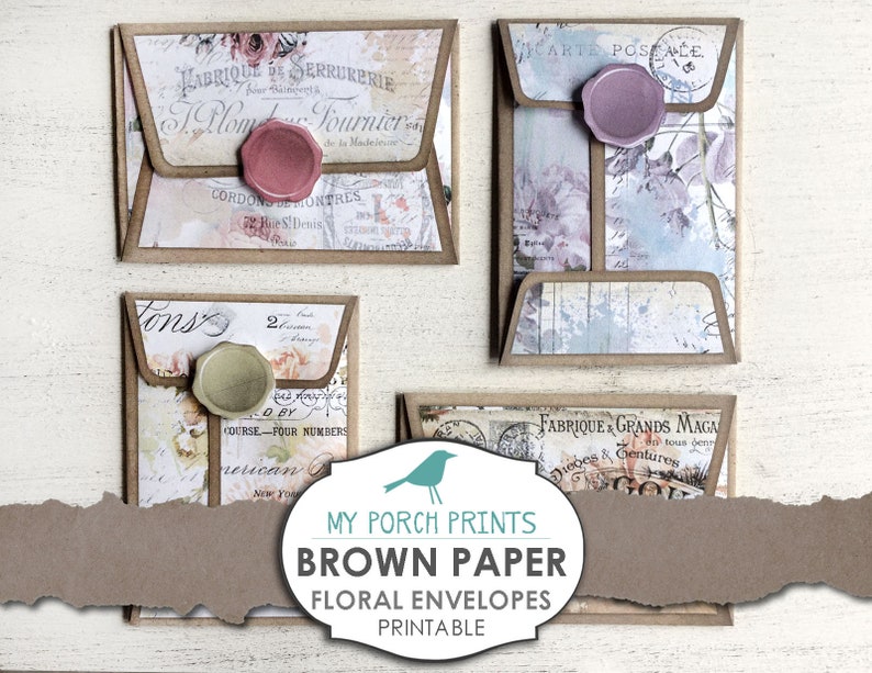 Brown Paper, Mini Envelopes, File, Folder, Pocket Letter, Card, Tags, Junk Journal, Ephemera, Scrapbook, Collage, Floral, Printable, Vintage image 6