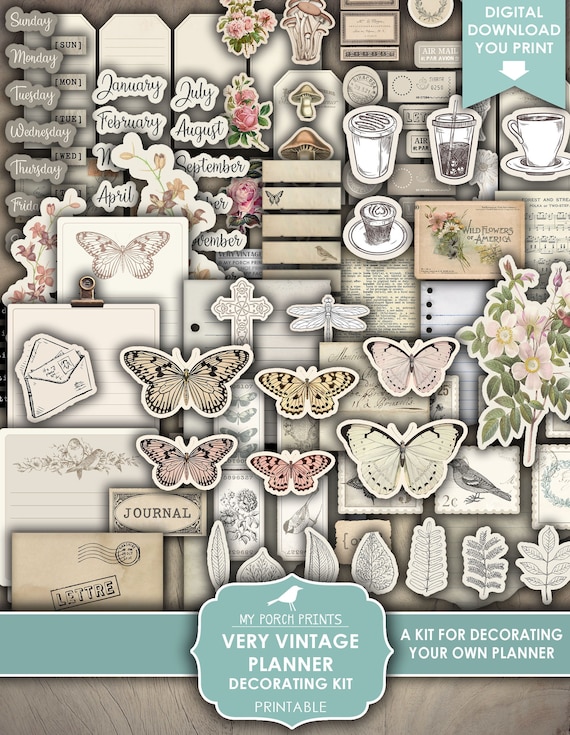 Junk Journal, Very Vintage, Planner, Decorating, Kit, Bullet Journal, Stickers, Boho, BuJo, My Porch Prints, Printable, Digital Download