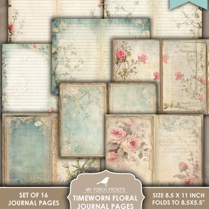 Junk Journal, Pages, Timeworn, Floral, Shabby, Pink, Blue, Papers, Kit ...