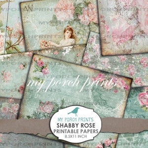 Afdrukbare papieren Shabby Rose, collageblad, dagboekpagina, blauw, roze, My Porch wordt afgedrukt, kortstondige, ongewenste dagboek, kit, kaart, download