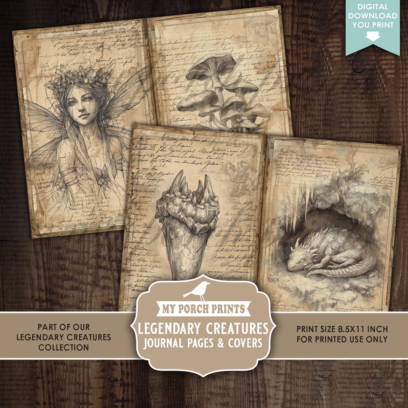 Legendary Creatures Junk Journal PAGES & COVERS, Magic Neutral Dragon ...