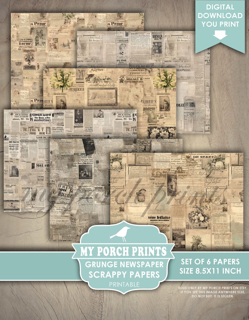 Grunge Newspaper Scrappy Papers, Junk Journal Pages, Vintage, Men, Neutral, Backing, Paper, My Porch Prints, Printable, Digital Download zdjęcie 3