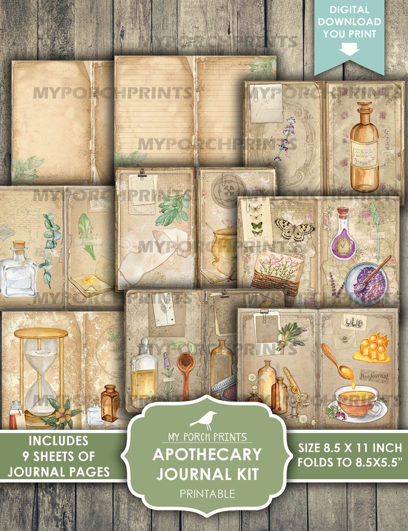Junk Journal Kit, Apotekare, Natur, Örter, Läkning, Cottagecore, Vetenskap, Steampunk, Shabby, Min veranda-tryck, Digital nedladdning, Utskrivbar bild 4