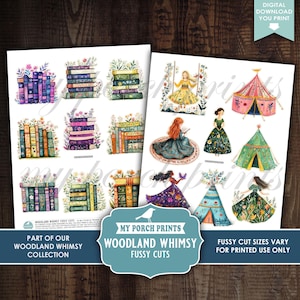 May include: Digital print of whimsical fussy cuts featuring stacks of books adorned with flowers and illustrations of women in dresses, tents, and a swing. The text reads "Woodland Whimsy Fussy Cuts" and "Digital Download You Print."