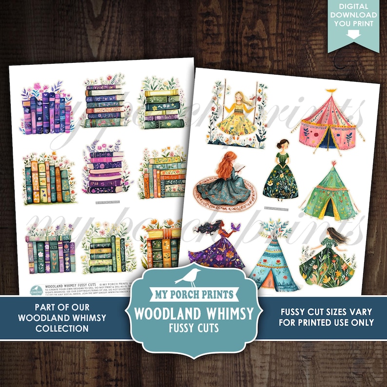 May include: Digital print of whimsical fussy cuts featuring stacks of books adorned with flowers and illustrations of women in dresses, tents, and a swing. The text reads "Woodland Whimsy Fussy Cuts" and "Digital Download You Print."