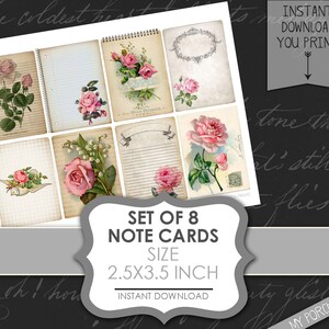 K&ouml;nnte beinhalten: Set mit 8 druckbaren Notizkarten mit Vintage-Blumenillustrationen mit Rosen, Maigl&ouml;ckchen und einem Vogel. Die Karten sind 2,5 x 3,5 Zoll gro&szlig;.