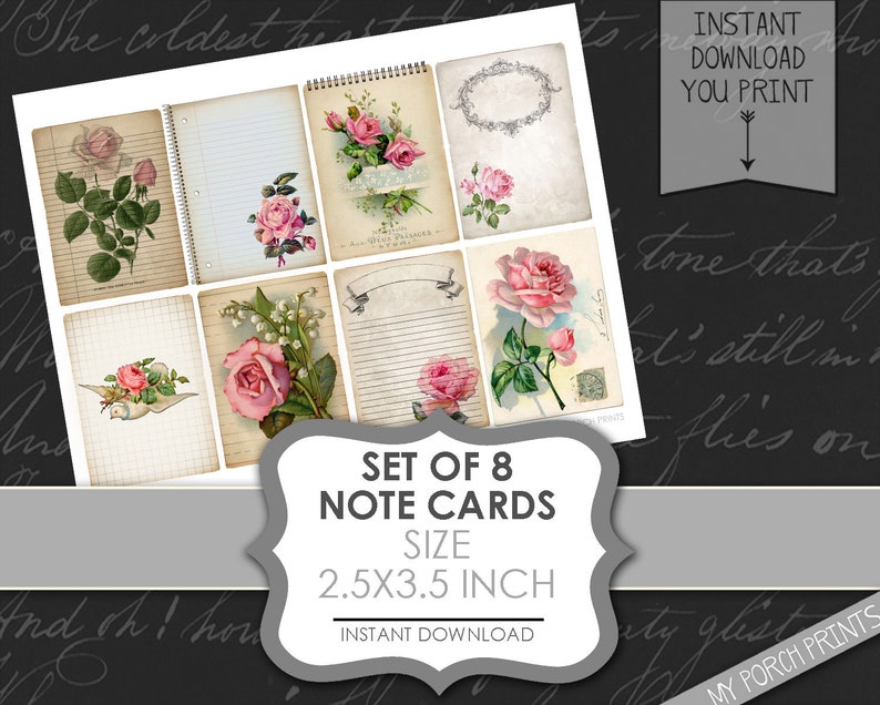K&ouml;nnte beinhalten: Set mit 8 druckbaren Notizkarten mit Vintage-Blumenillustrationen mit Rosen, Maigl&ouml;ckchen und einem Vogel. Die Karten sind 2,5 x 3,5 Zoll gro&szlig;.