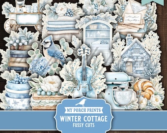 Winter Cottage Junk Journal FUSSY CUTS, Kit Vintage Snow Blue Planner Floral Cozy Season, My Porch Prints, Printable, Digital Download