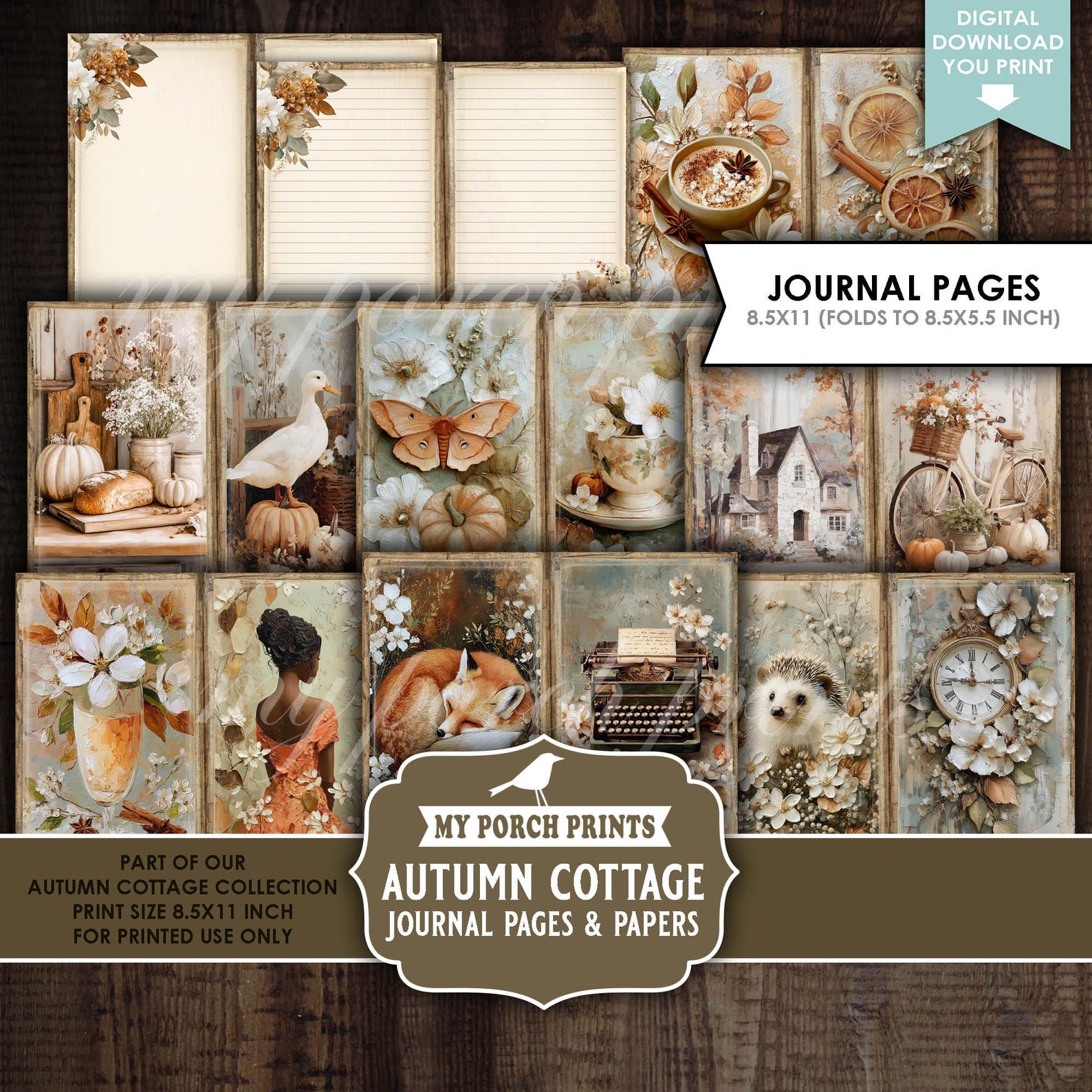 Autumn Cottage Junk Journal PAGES & PAPERS, Vintage, Orange, Ivory ...