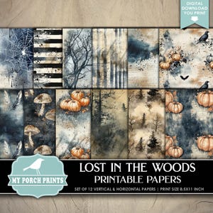 Lost In The Woods Junk Journal PAPERS, Vertical & Horizontal, Fall Kit, Pumpkin, Blue, Halloween, My Porch Prints Printable Digital Download
