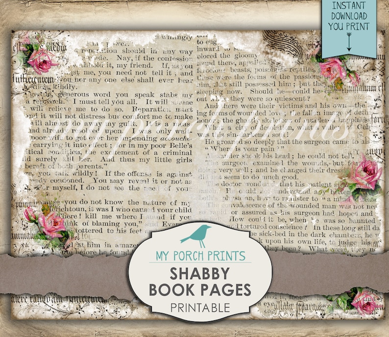 May include: Printable shabby chic book pages with a floral design and text that reads "My Porch Prints, Shabby Book Pages, Printable".