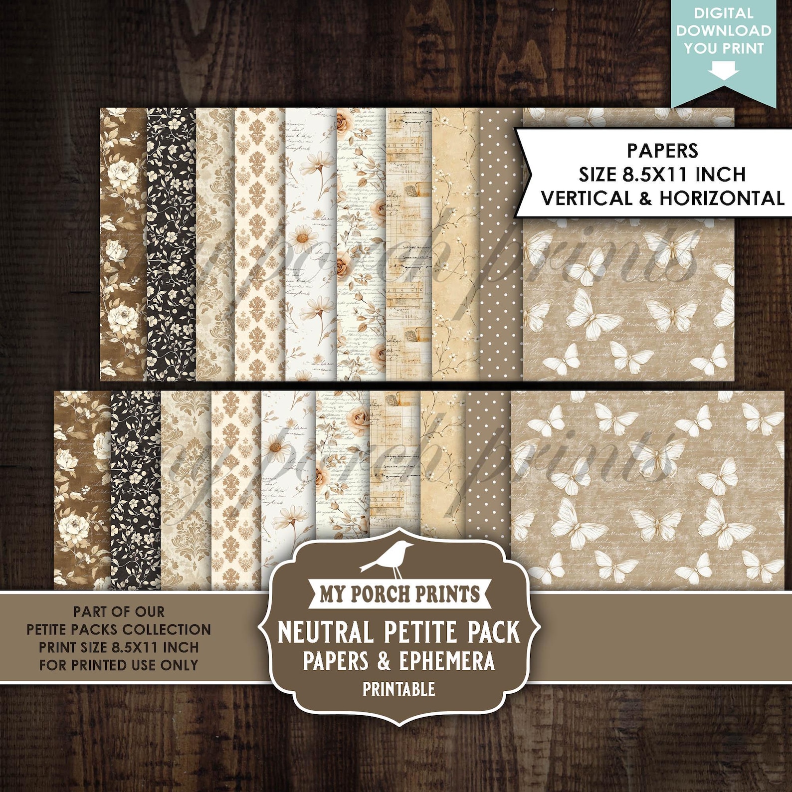 Neutral Petite Pack Junk Journal Ephemera and Papers Kit, Brown Numbers ...