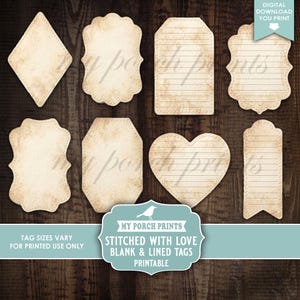 May include: A collection of vintage-style tags in various shapes, including diamond, scalloped, and heart. The tags have a distressed, aged appearance with stitched edges and lined or blank interiors. The image includes text that reads "Digital Download You Print" and "Stitched with Love".