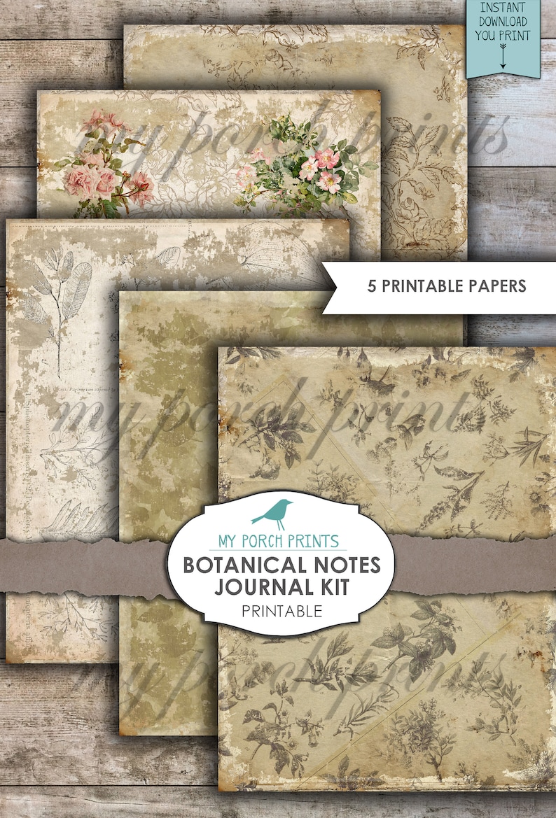 Puede incluir: Cinco papeles imprimibles con ilustraciones bot&aacute;nicas y un aspecto desgastado y vintage. Los papeles presentan patrones florales y de hojas en tonos marrones y beige. El texto "My Porch Prints Botanical Notes Journal Kit Printable" est&aacute; incluido.