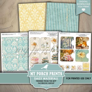 Puede incluir: Descarga digital imprimible de un paquete de papel de scrapbooking con tem&aacute;tica de margaritas. El paquete incluye una variedad de patrones y dise&ntilde;os, incluyendo un patr&oacute;n floral, un patr&oacute;n a rayas y un patr&oacute;n con una bicicleta. El paquete tambi&eacute;n incluye un conjunto de etiquetas imprimibles con dise&ntilde;os de margaritas. El texto "My Porch Prints Daisy Waterfall Freebie from the MPP Facebook Group Printable" est&aacute; incluido en la p&aacute;gina.