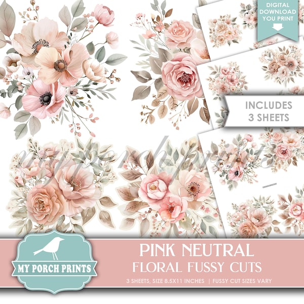 Pink Neutral Floral FUSSY CUTS, Junk Journal, Pastel, Flowers, Bouquet, Cricut, Stickers, My Porch Prints, Printable Digital Download