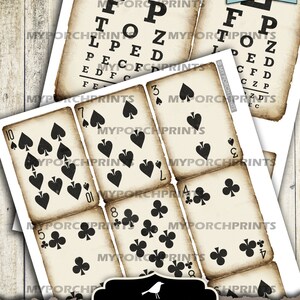 May include: Printable black and white ephemera featuring a vintage eye chart and playing cards with spades, clubs, and hearts. The text on the eye chart reads "E FP TO Z LPED PECFD EDFC FE". The cards are numbered 3, 7, 10, 4, 8, 5, and 9.