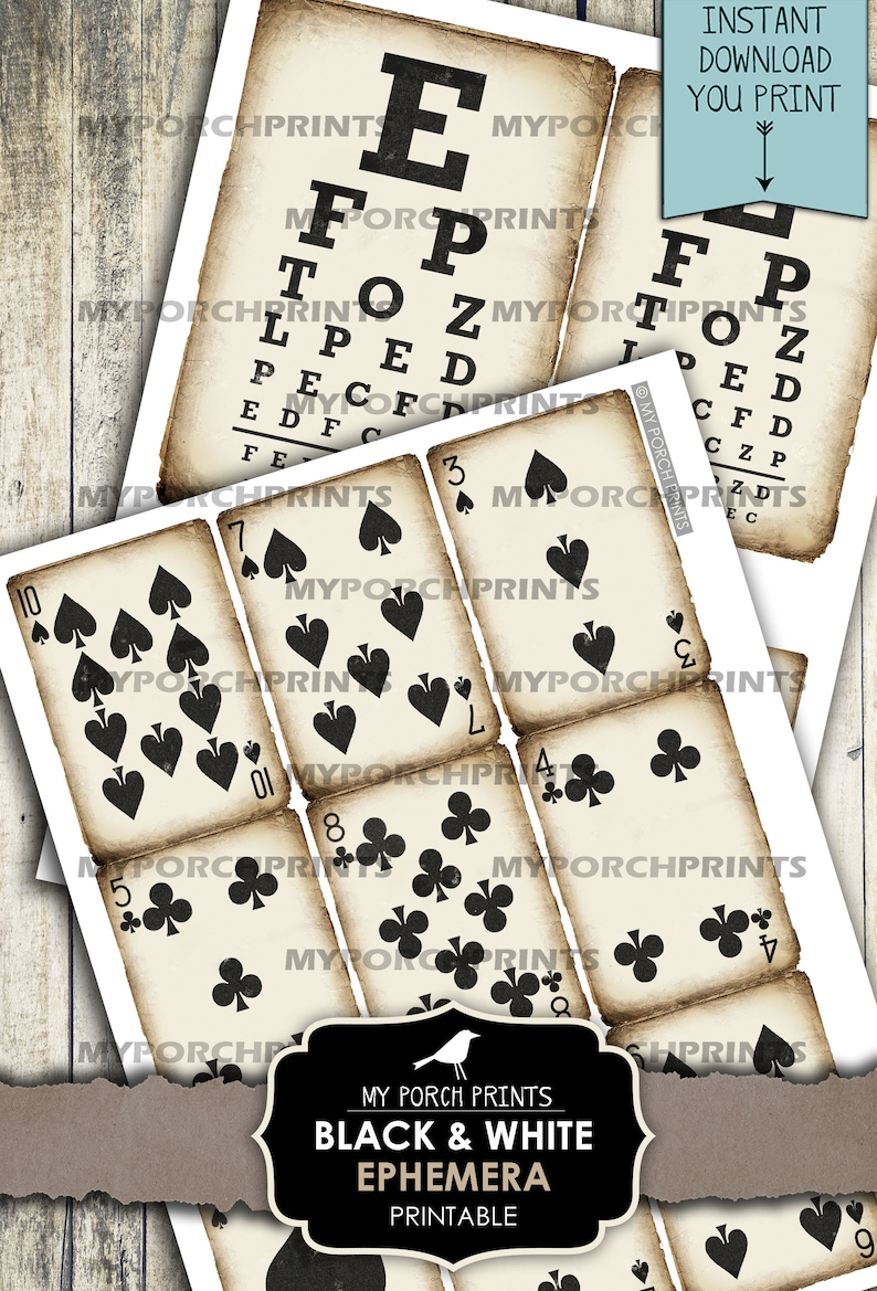 May include: Printable black and white ephemera featuring a vintage eye chart and playing cards with spades, clubs, and hearts. The text on the eye chart reads "E FP TO Z LPED PECFD EDFC FE". The cards are numbered 3, 7, 10, 4, 8, 5, and 9.