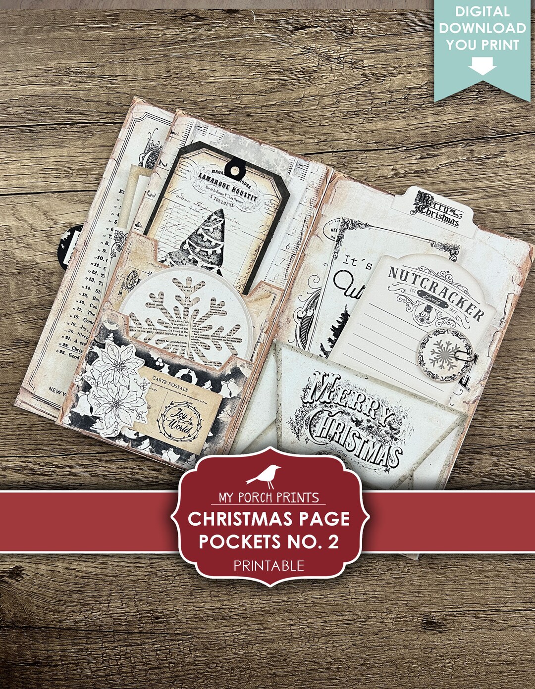 Christmas Page Pockets No. 2, Junk Journal, Folio, Folder, Black, White ...