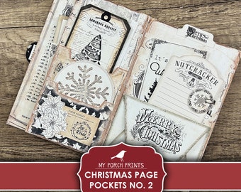 Junk Journal, Christmas, Page Pockets, No. 2, Folio, Folder, Black, White, Card, Kit, Neutral, My Porch Prints, Digital, Download, Printable