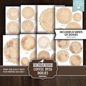 Puede incluir: Un conjunto de descarga digital de ocho hojas con tapetes de papel te&ntilde;idos con caf&eacute;, con intrincados patrones de encaje y detalles florales. Las hojas imprimibles miden 21,59x27,94 cm e incluyen varios dise&ntilde;os circulares con texturas envejecidas.