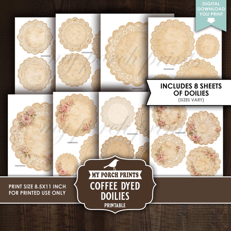 Puede incluir: Un conjunto de descarga digital de ocho hojas con tapetes de papel te&ntilde;idos con caf&eacute;, con intrincados patrones de encaje y detalles florales. Las hojas imprimibles miden 21,59x27,94 cm e incluyen varios dise&ntilde;os circulares con texturas envejecidas.