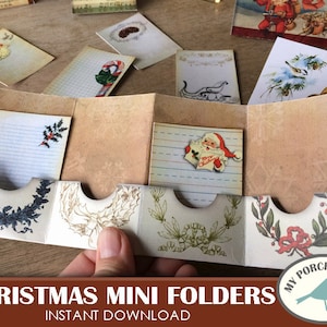 Mini-bestandsmappen kerst, plakboekkit, junkjournaalkit, notitiekaarten, dagelijks december, kortstondig, label, afdrukbaar, vintage, versiering