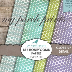 May include: Three printable digital paper designs featuring a honeycomb pattern in shades of teal, green, and purple. The papers are labeled "My Porch Prints Bee Honeycomb Papers Printable".