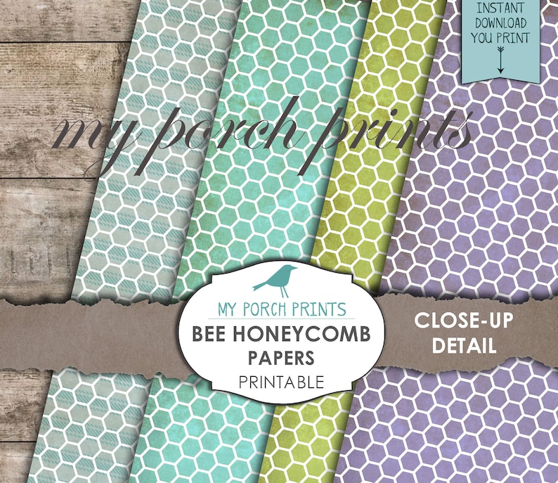 May include: Three printable digital paper designs featuring a honeycomb pattern in shades of teal, green, and purple. The papers are labeled "My Porch Prints Bee Honeycomb Papers Printable".