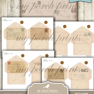 May include: Printable vintage envelope designs with neutral colors. The envelopes feature a variety of vintage stamps and handwritten text. The design includes a sheet of printable paper with a vintage pattern.
