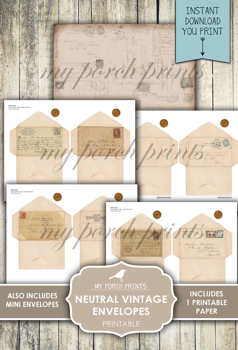 May include: Printable vintage envelope designs with neutral colors. The envelopes feature a variety of vintage stamps and handwritten text. The design includes a sheet of printable paper with a vintage pattern.