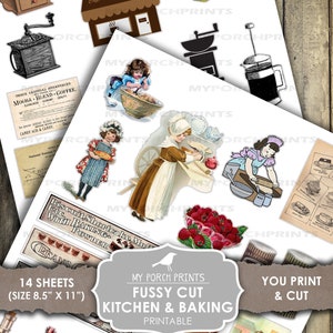 K&ouml;nnte beinhalten: Ein Set mit 14 bedruckbaren Bl&auml;ttern mit filigran ausgeschnittenen Bildern aus K&uuml;che und Backstube. Die Bilder zeigen ein Caf&eacute;, Kaffeem&uuml;hlen, Kaffeetassen, Teebeutel, eine Teekanne, eine French Press, eine Sch&uuml;ssel mit Erdbeeren, eine Sch&uuml;ssel mit Mehl, einen Sack mit Mehl, eine Flasche Orangenextrakt, eine Flasche Zitronenextrakt, eine Frau beim Backen, eine Frau beim Kaffeekochen und eine Frau beim Brotbacken. Die Bl&auml;tter sind 21,6 cm x 27,9 cm gro&szlig;.
