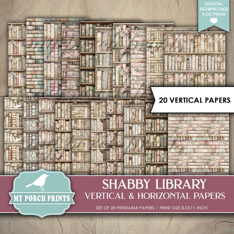 Shabby Library Papers Vertical & Horizontal, Junk Journal, Books ...