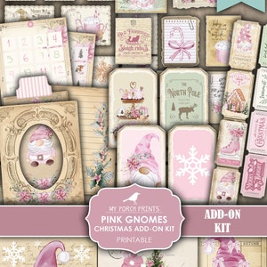 Junk Journal, Pink, Gnomes, Christmas, Add On, Kit, December, Gift, Daily, Advent, Gnome, My Porch Prints, Printable, Digital Download