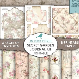 May include: Printable journal kit with 3 pages of envelopes and 8 printable papers featuring a secret garden theme with floral patterns and vintage text. The kit is titled "Secret Garden Journal Kit" and is labeled "Printable".