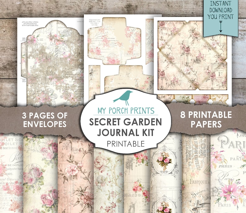 May include: Printable journal kit with 3 pages of envelopes and 8 printable papers featuring a secret garden theme with floral patterns and vintage text. The kit is titled "Secret Garden Journal Kit" and is labeled "Printable".