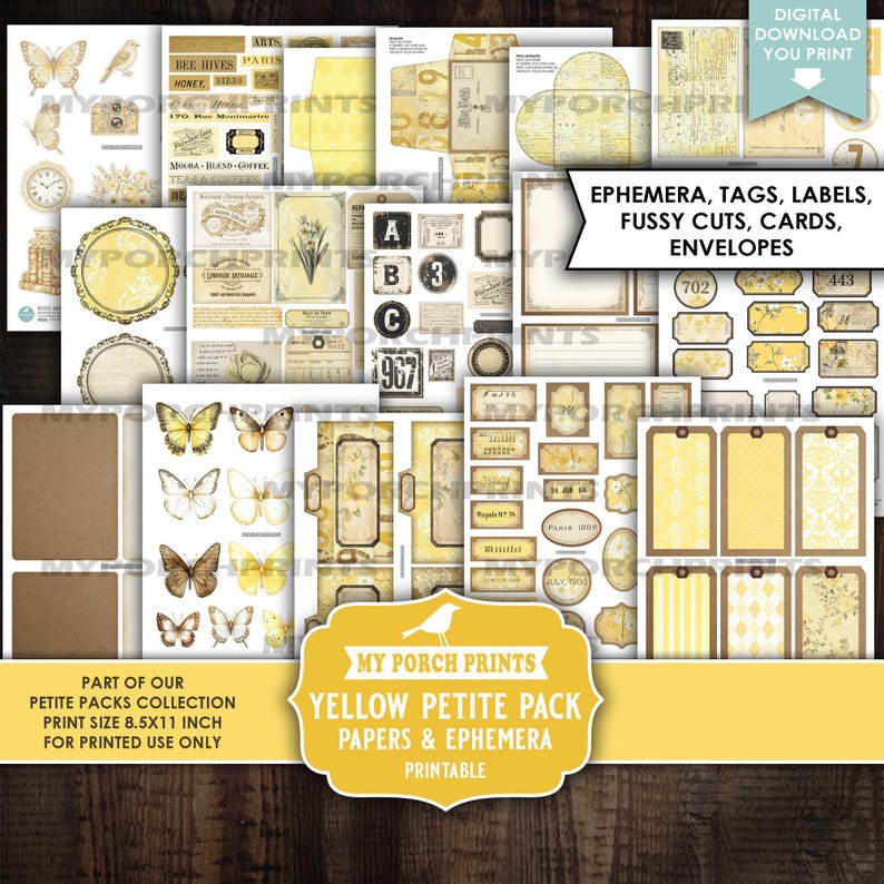 Yellow Petite Pack Junk Journal Ephemera and Papers Kit, Numbers Bee ...