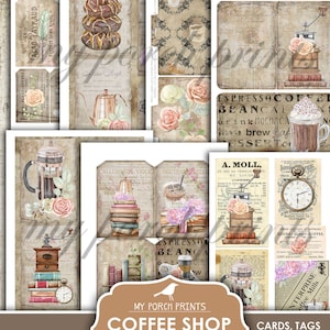 Op de afbeelding: Een printbare digitale journal-kit met een koffieshop-thema. De kit bevat kaarten, labels en ephemera met afbeeldingen van koffiebonen, koffiezetapparaten, boeken en bloemen. De tekst "Espresso Coffee Bean Cafe" is zichtbaar in de afbeelding.